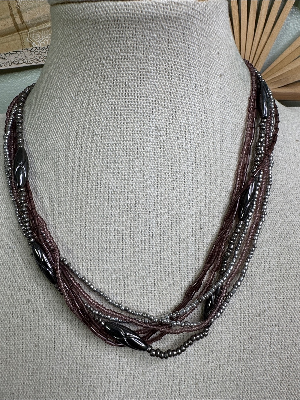 Multi-Strand Brown/Pink and Silver Beaded Necklace